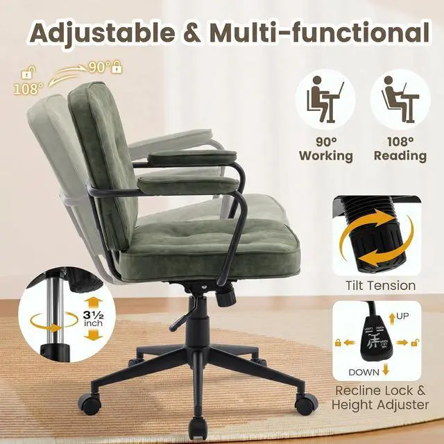 Alt view image 3 of 7 - LukeAlon Comfy Green PU Leather Desk Chair, 360° Swivel Task Chair with Armrest, Thickened Seat, Tiltable & Button Tufted Design for Home Office Computer Use