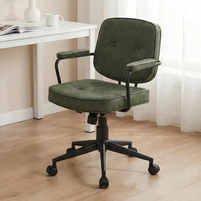 Alt view image 4 of 7 - LukeAlon Comfy Green PU Leather Desk Chair, 360° Swivel Task Chair with Armrest, Thickened Seat, Tiltable & Button Tufted Design for Home Office Computer Use
