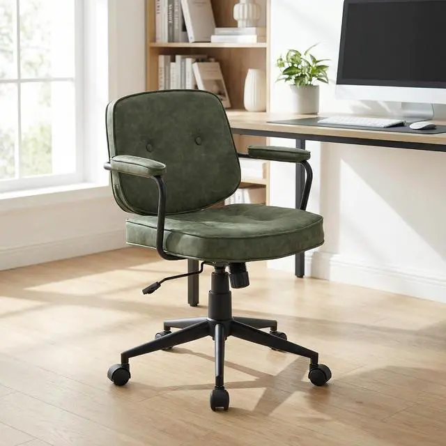 Alt view image 6 of 7 - LukeAlon Comfy Green PU Leather Desk Chair, 360° Swivel Task Chair with Armrest, Thickened Seat, Tiltable & Button Tufted Design for Home Office Computer Use