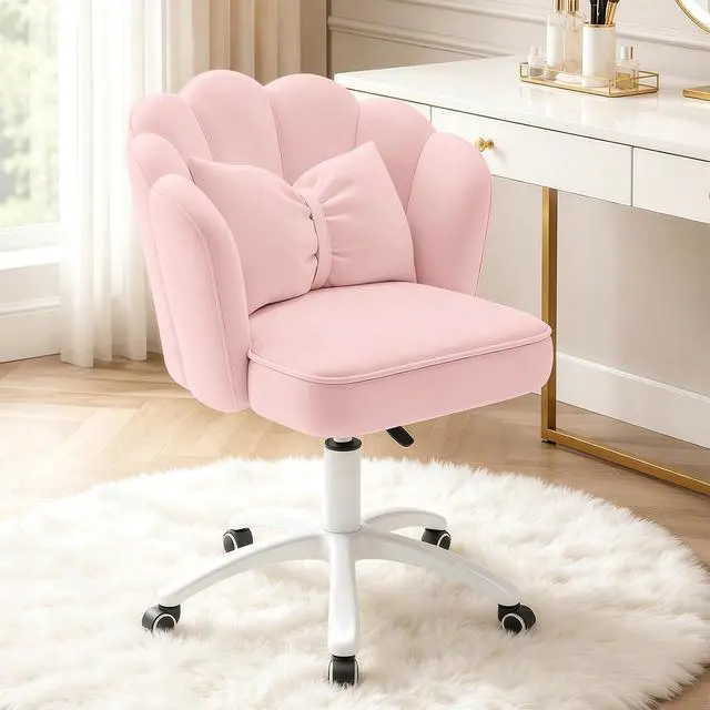 Main image of Vanity Chair with Wheels Velvet Petal Desk Chair Upholstered Tufted Home Office Chair for Women Girls, Height Adjustable Makeup Task Chair for Bedroom Living Room, Pink