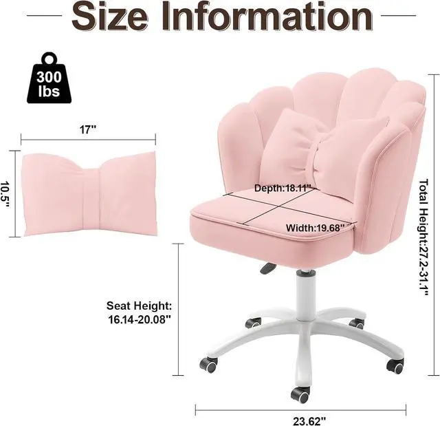 Alt view image 2 of 7 - Vanity Chair with Wheels Velvet Petal Desk Chair Upholstered Tufted Home Office Chair for Women Girls, Height Adjustable Makeup Task Chair for Bedroom Living Room, Pink