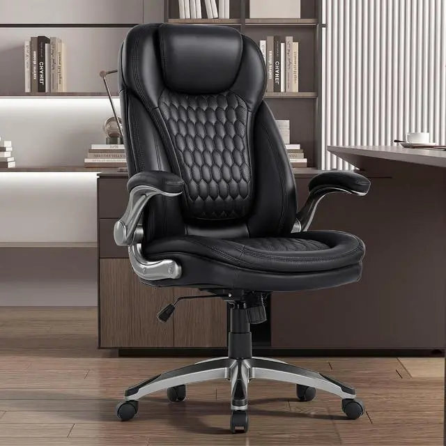 Alt view image 2 of 7 - COLAMY Executive Office Chair-Ergonomic Computer Desk Chair, High Back Leather Chair with Padded Flip-up Arms, Swivel Home Office Chair, Black