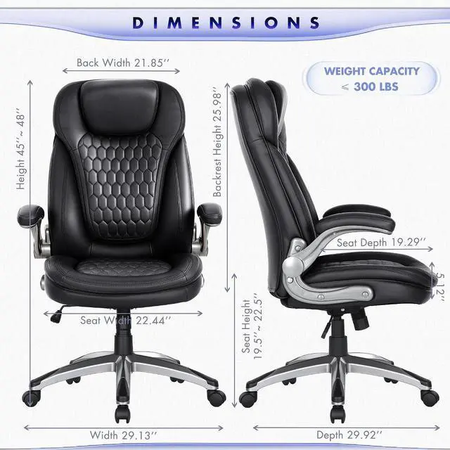 Alt view image 3 of 7 - COLAMY Executive Office Chair-Ergonomic Computer Desk Chair, High Back Leather Chair with Padded Flip-up Arms, Swivel Home Office Chair, Black