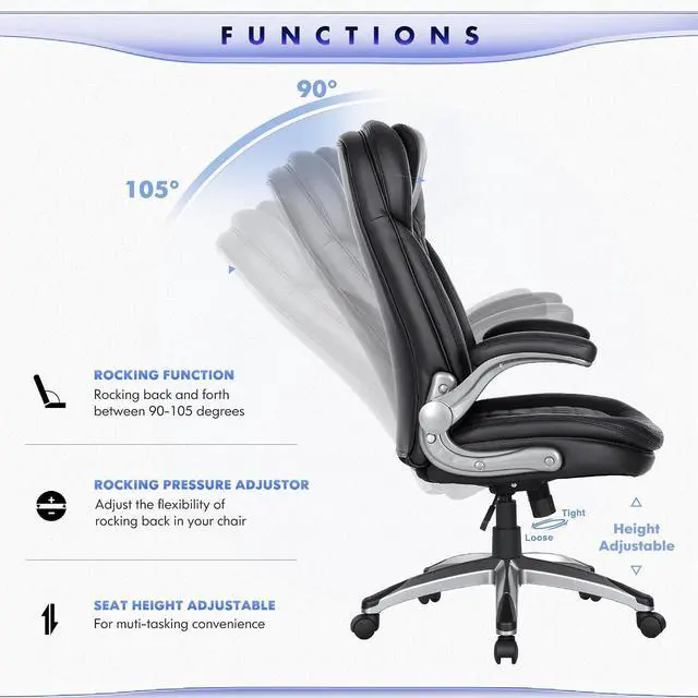 Alt view image 5 of 7 - COLAMY Executive Office Chair-Ergonomic Computer Desk Chair, High Back Leather Chair with Padded Flip-up Arms, Swivel Home Office Chair, Black