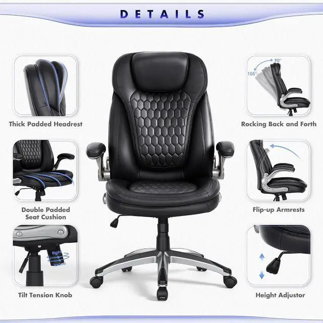 Alt view image 6 of 7 - COLAMY Executive Office Chair-Ergonomic Computer Desk Chair, High Back Leather Chair with Padded Flip-up Arms, Swivel Home Office Chair, Black