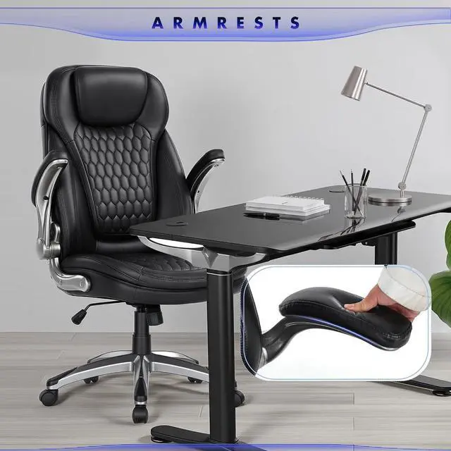 Alt view image 7 of 7 - COLAMY Executive Office Chair-Ergonomic Computer Desk Chair, High Back Leather Chair with Padded Flip-up Arms, Swivel Home Office Chair, Black