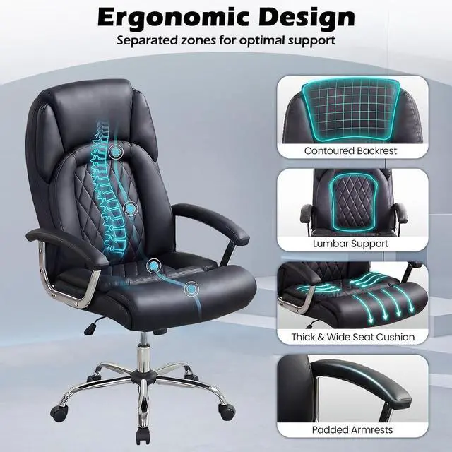 Alt view image 4 of 7 - GIANTEX Ergonomic Office Chair, Upholstered Leather Executive Chair w/Padded Armrests & Rocking Backrest, Height Adjustable Computer Desk Chair, Swivel Rolling Chair w/Wheels for Home Office, Black