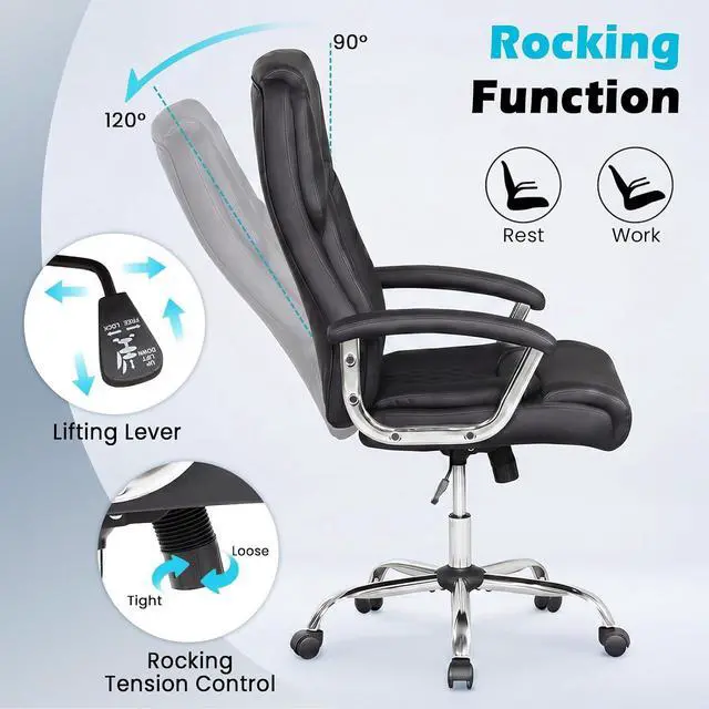 Alt view image 5 of 7 - GIANTEX Ergonomic Office Chair, Upholstered Leather Executive Chair w/Padded Armrests & Rocking Backrest, Height Adjustable Computer Desk Chair, Swivel Rolling Chair w/Wheels for Home Office, Black