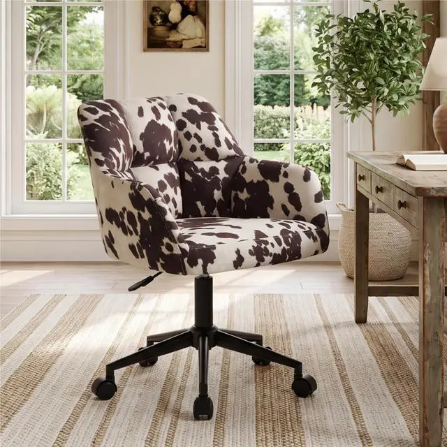 Main image of VESCASA Cow Print Desk Chair Velvet Vanity Chair with Wheels | 360° Swivel, Height Adjustable, Home Office Desk Chair for Teens Bedroom, Cute Cowhide, Upholstered Comfy Seat&Back,