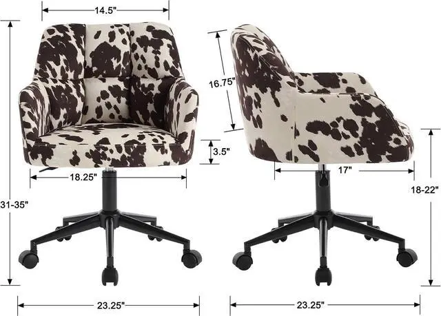 Alt view image 2 of 7 - VESCASA Cow Print Desk Chair Velvet Vanity Chair with Wheels | 360° Swivel, Height Adjustable, Home Office Desk Chair for Teens Bedroom, Cute Cowhide, Upholstered Comfy Seat&Back,