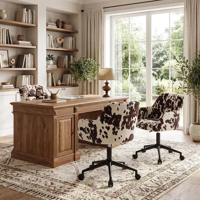 Alt view image 3 of 7 - VESCASA Cow Print Desk Chair Velvet Vanity Chair with Wheels | 360° Swivel, Height Adjustable, Home Office Desk Chair for Teens Bedroom, Cute Cowhide, Upholstered Comfy Seat&Back,