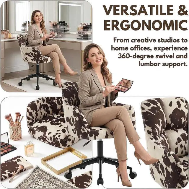 Alt view image 4 of 7 - VESCASA Cow Print Desk Chair Velvet Vanity Chair with Wheels | 360° Swivel, Height Adjustable, Home Office Desk Chair for Teens Bedroom, Cute Cowhide, Upholstered Comfy Seat&Back,
