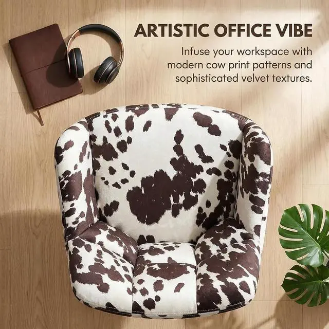 Alt view image 6 of 7 - VESCASA Cow Print Desk Chair Velvet Vanity Chair with Wheels | 360° Swivel, Height Adjustable, Home Office Desk Chair for Teens Bedroom, Cute Cowhide, Upholstered Comfy Seat&Back,
