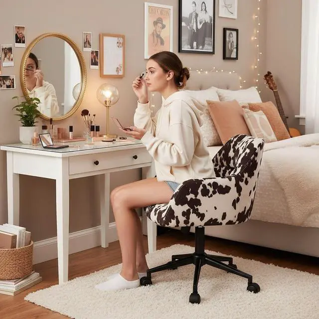 Alt view image 7 of 7 - VESCASA Cow Print Desk Chair Velvet Vanity Chair with Wheels | 360° Swivel, Height Adjustable, Home Office Desk Chair for Teens Bedroom, Cute Cowhide, Upholstered Comfy Seat&Back,