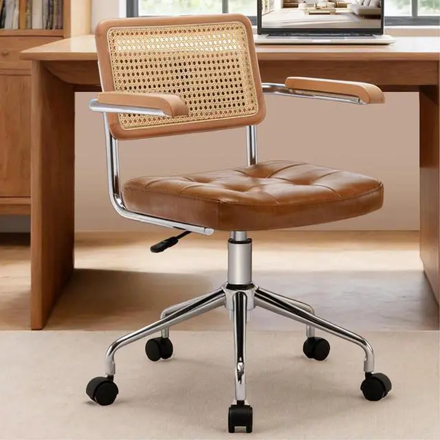 Main image of Zesthouse Leather Office Desk Chair with Wheels, Mid Century Rolling Desk Chair with Wood Arm & Natural Rattan Back, Modern Swivel Home Office Chair, Small Height Adjustable Computer Task Chair, Brown