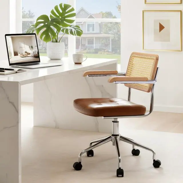 Alt view image 3 of 7 - Zesthouse Leather Office Desk Chair with Wheels, Mid Century Rolling Desk Chair with Wood Arm & Natural Rattan Back, Modern Swivel Home Office Chair, Small Height Adjustable Computer Task Chair, Brown