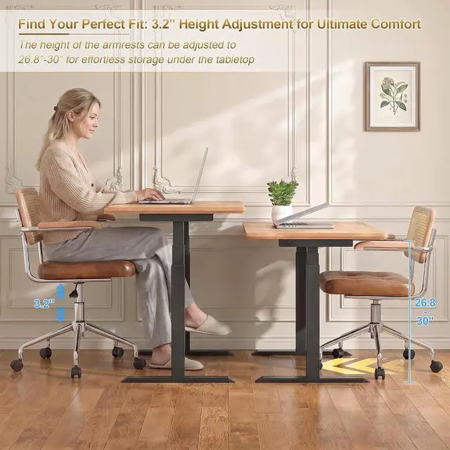 Alt view image 5 of 7 - Zesthouse Leather Office Desk Chair with Wheels, Mid Century Rolling Desk Chair with Wood Arm & Natural Rattan Back, Modern Swivel Home Office Chair, Small Height Adjustable Computer Task Chair, Brown