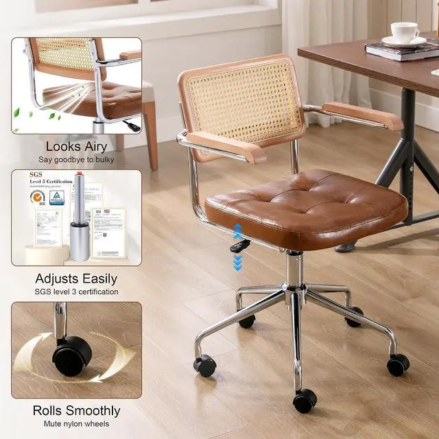 Alt view image 6 of 7 - Zesthouse Leather Office Desk Chair with Wheels, Mid Century Rolling Desk Chair with Wood Arm & Natural Rattan Back, Modern Swivel Home Office Chair, Small Height Adjustable Computer Task Chair, Brown