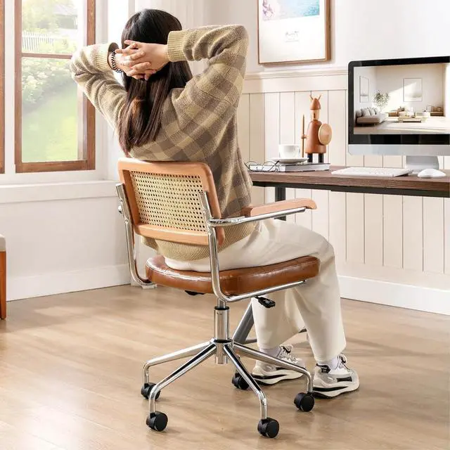 Alt view image 7 of 7 - Zesthouse Leather Office Desk Chair with Wheels, Mid Century Rolling Desk Chair with Wood Arm & Natural Rattan Back, Modern Swivel Home Office Chair, Small Height Adjustable Computer Task Chair, Brown