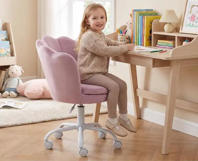 Alt view image 5 of 7 - CIMOTA Cute Kids Desk Chair,Velvet Bedroom Chair Adjustable Child Computer Chair Swivel Shell Vanity Chairs for Girls Bedroom/Study Room, Light Purple