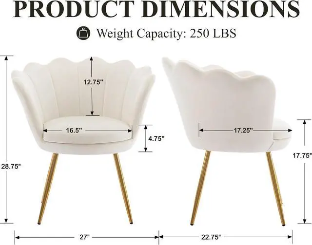 Alt view image 2 of 7 - chairus Cream White Makeup Vanity Chair with Back, Small Modern Velvet Upholstered Accent Chair with Gold Metal Legs, Cute Shell Shaped Vanity Stool Desk Chair for Living Room Bedroom Dressing Room