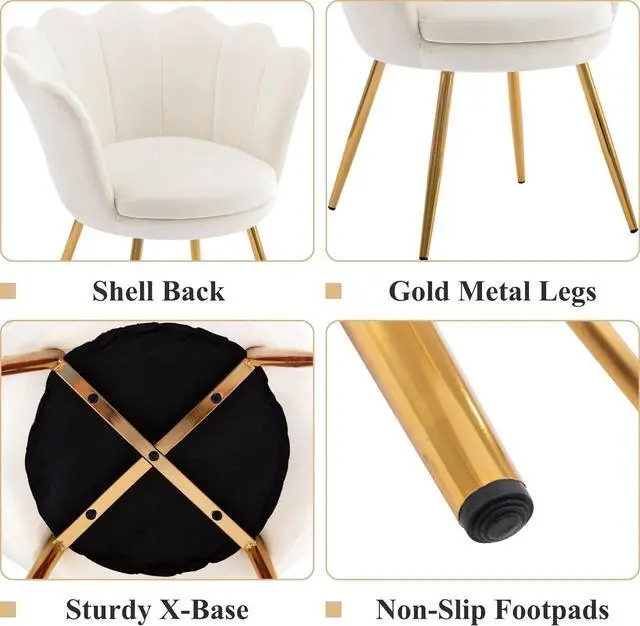 Alt view image 3 of 7 - chairus Cream White Makeup Vanity Chair with Back, Small Modern Velvet Upholstered Accent Chair with Gold Metal Legs, Cute Shell Shaped Vanity Stool Desk Chair for Living Room Bedroom Dressing Room