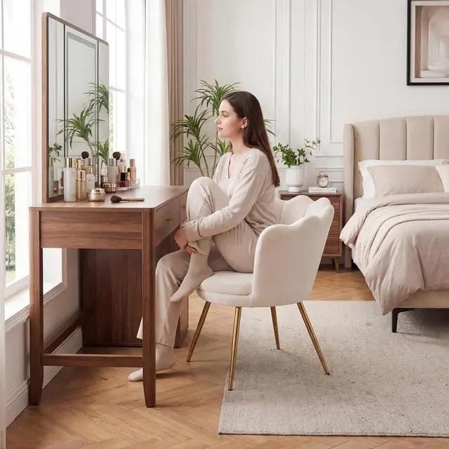 Alt view image 4 of 7 - chairus Cream White Makeup Vanity Chair with Back, Small Modern Velvet Upholstered Accent Chair with Gold Metal Legs, Cute Shell Shaped Vanity Stool Desk Chair for Living Room Bedroom Dressing Room