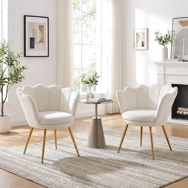 Alt view image 5 of 7 - chairus Cream White Makeup Vanity Chair with Back, Small Modern Velvet Upholstered Accent Chair with Gold Metal Legs, Cute Shell Shaped Vanity Stool Desk Chair for Living Room Bedroom Dressing Room