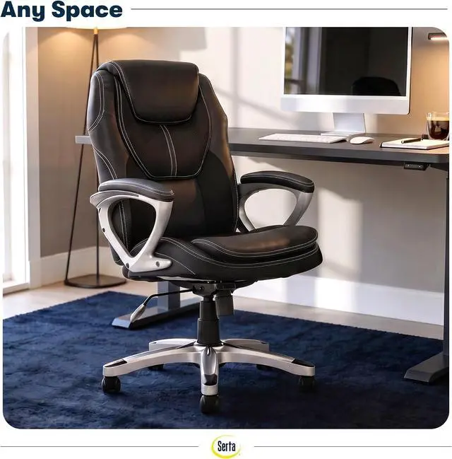 Alt view image 2 of 7 - Serta Ergonomic Executive Office Chair, Padded Arms Mesh Back Leather Chair | Amplify, Contoured Lumbar Lower Back Support, Back Pain Relief, Adjustable Height & Tilt, Work From Home Desk Chair, Black