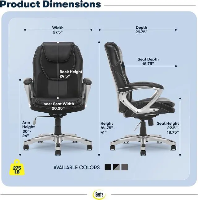 Alt view image 3 of 7 - Serta Ergonomic Executive Office Chair, Padded Arms Mesh Back Leather Chair | Amplify, Contoured Lumbar Lower Back Support, Back Pain Relief, Adjustable Height & Tilt, Work From Home Desk Chair, Black