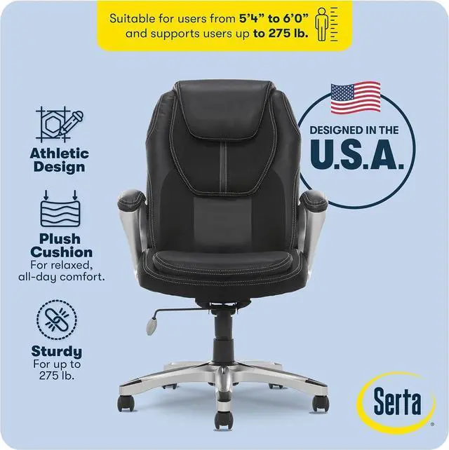 Alt view image 4 of 7 - Serta Ergonomic Executive Office Chair, Padded Arms Mesh Back Leather Chair | Amplify, Contoured Lumbar Lower Back Support, Back Pain Relief, Adjustable Height & Tilt, Work From Home Desk Chair, Black