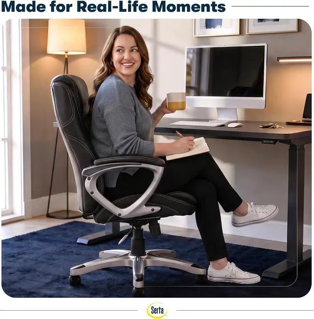 Alt view image 5 of 7 - Serta Ergonomic Executive Office Chair, Padded Arms Mesh Back Leather Chair | Amplify, Contoured Lumbar Lower Back Support, Back Pain Relief, Adjustable Height & Tilt, Work From Home Desk Chair, Black