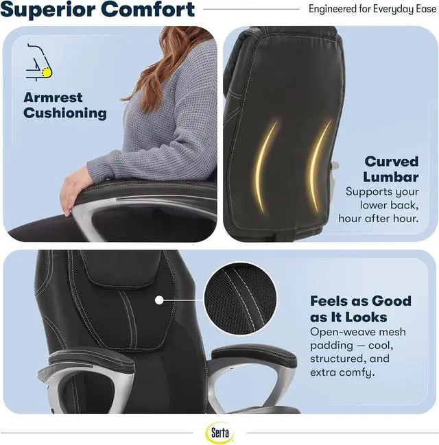 Alt view image 6 of 7 - Serta Ergonomic Executive Office Chair, Padded Arms Mesh Back Leather Chair | Amplify, Contoured Lumbar Lower Back Support, Back Pain Relief, Adjustable Height & Tilt, Work From Home Desk Chair, Black