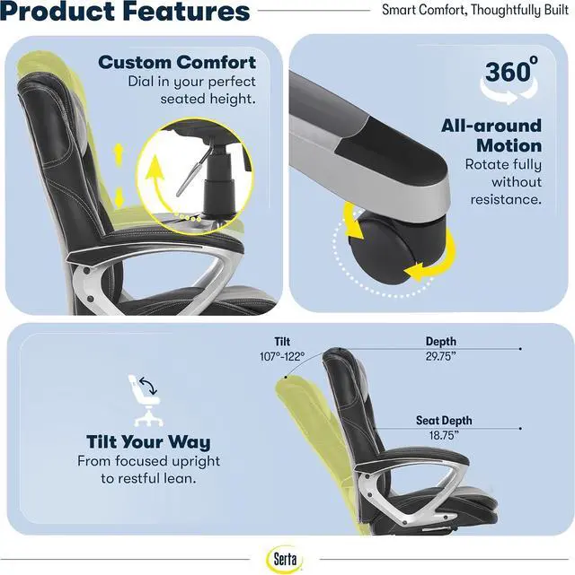 Alt view image 7 of 7 - Serta Ergonomic Executive Office Chair, Padded Arms Mesh Back Leather Chair | Amplify, Contoured Lumbar Lower Back Support, Back Pain Relief, Adjustable Height & Tilt, Work From Home Desk Chair, Black