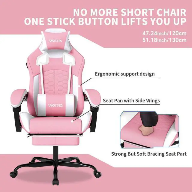 Alt view image 7 of 7 - Gaming Chair with Massage,Ergonomic PC Gaming Chair with Footrest Comfortable Headrest and Lumbar Support,High Back Game Chair PVC Leather,300LBS (Pink)