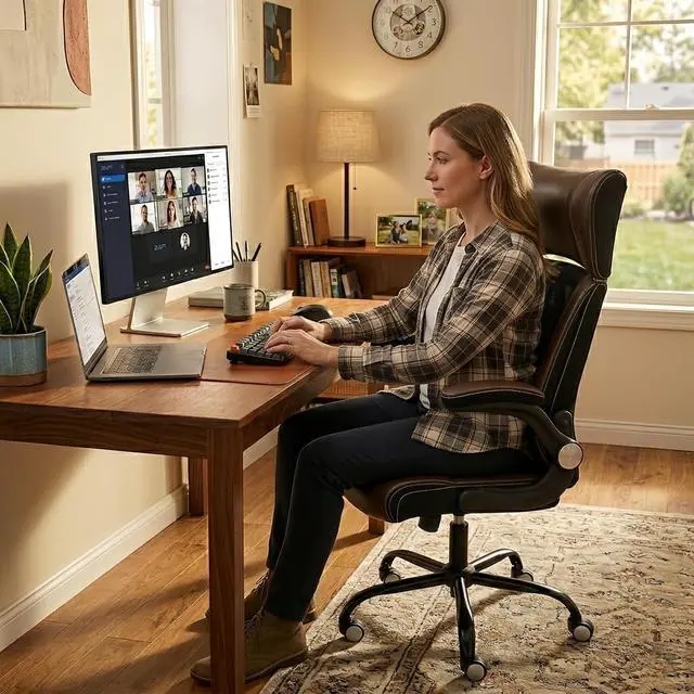Alt view image 4 of 5 - PU Leather Ergonomic Office Chair Adjustable Headrest Arms Lumbar Support | Adjustable Height High Back Mesh Support with Flip up Armrests, Swivel Task Chairs for Home Office Computer 400BLS