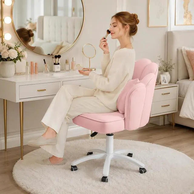 Alt view image 3 of 7 - Vanity Chair with Wheels Velvet Petal Desk Chair Upholstered Tufted Home Office Chair for Women Girls, Height Adjustable Makeup Task Chair for Bedroom Living Room, Pink