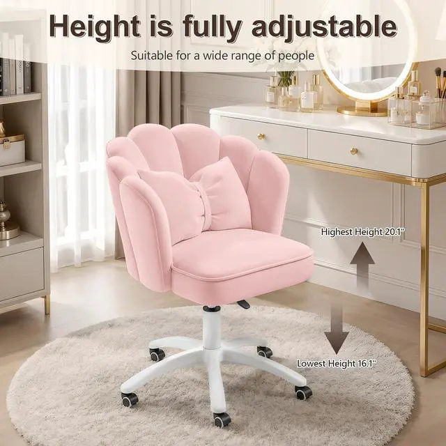 Alt view image 4 of 7 - Vanity Chair with Wheels Velvet Petal Desk Chair Upholstered Tufted Home Office Chair for Women Girls, Height Adjustable Makeup Task Chair for Bedroom Living Room, Pink