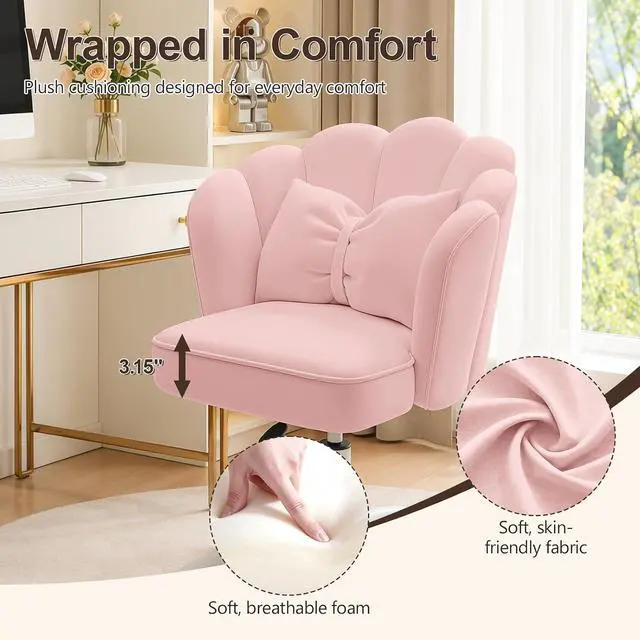 Alt view image 5 of 7 - Vanity Chair with Wheels Velvet Petal Desk Chair Upholstered Tufted Home Office Chair for Women Girls, Height Adjustable Makeup Task Chair for Bedroom Living Room, Pink