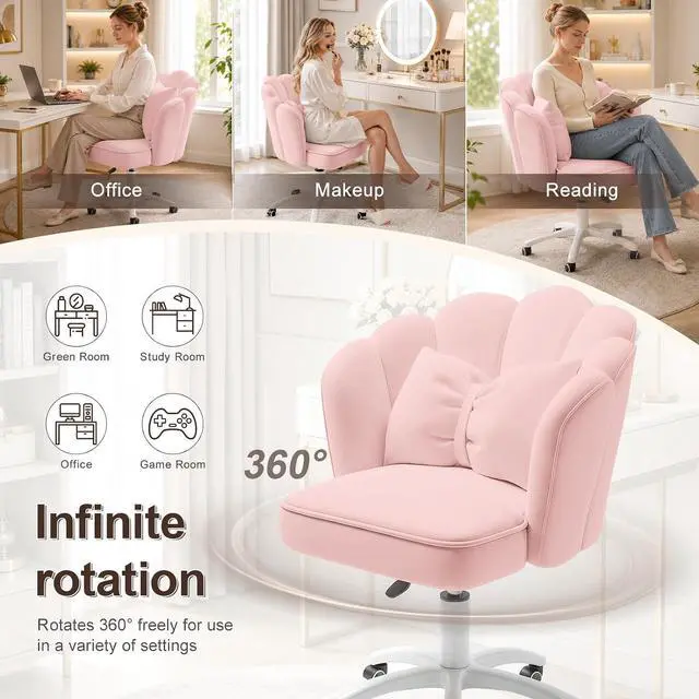 Alt view image 6 of 7 - Vanity Chair with Wheels Velvet Petal Desk Chair Upholstered Tufted Home Office Chair for Women Girls, Height Adjustable Makeup Task Chair for Bedroom Living Room, Pink