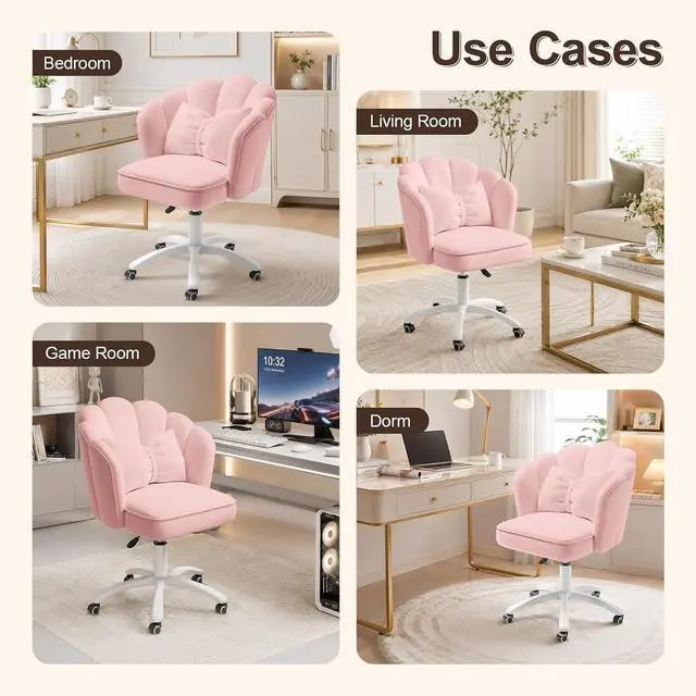 Alt view image 7 of 7 - Vanity Chair with Wheels Velvet Petal Desk Chair Upholstered Tufted Home Office Chair for Women Girls, Height Adjustable Makeup Task Chair for Bedroom Living Room, Pink