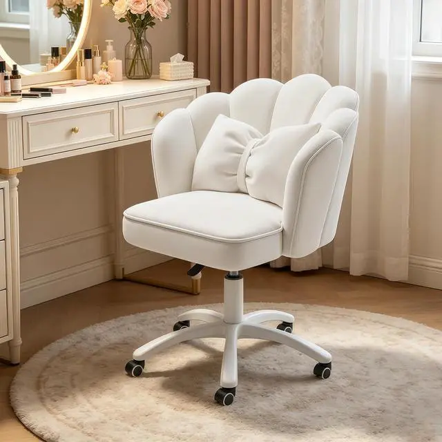 Main image of Petal Desk Chair with Bow Cushion Velvet Vanity Chair with Wheels, Upholstered Home Office Chair for Girls Women, Mid-Back Swivel Computer Task Chairs for Living Room Bedroom