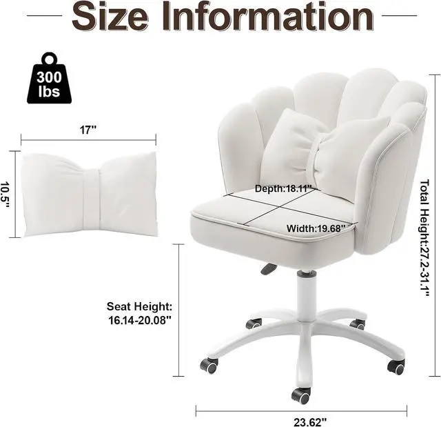 Alt view image 2 of 7 - Petal Desk Chair with Bow Cushion Velvet Vanity Chair with Wheels, Upholstered Home Office Chair for Girls Women, Mid-Back Swivel Computer Task Chairs for Living Room Bedroom