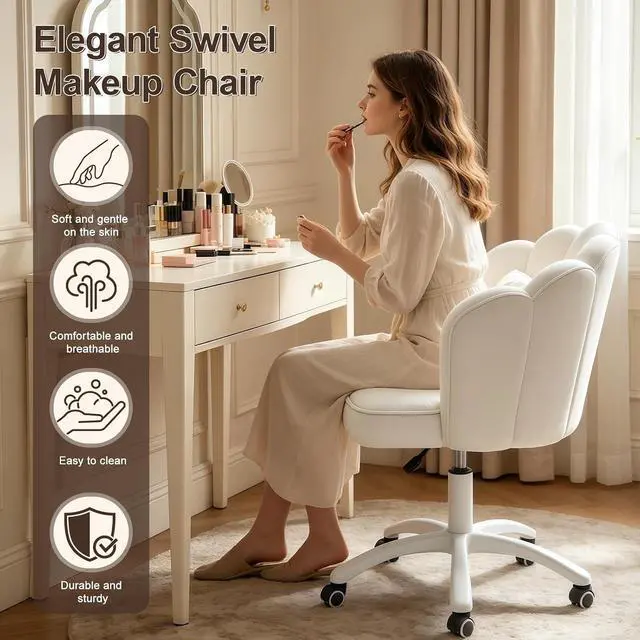 Alt view image 3 of 7 - Petal Desk Chair with Bow Cushion Velvet Vanity Chair with Wheels, Upholstered Home Office Chair for Girls Women, Mid-Back Swivel Computer Task Chairs for Living Room Bedroom