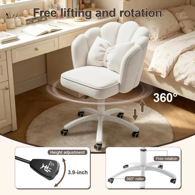 Alt view image 5 of 7 - Petal Desk Chair with Bow Cushion Velvet Vanity Chair with Wheels, Upholstered Home Office Chair for Girls Women, Mid-Back Swivel Computer Task Chairs for Living Room Bedroom