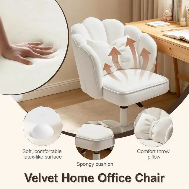 Alt view image 6 of 7 - Petal Desk Chair with Bow Cushion Velvet Vanity Chair with Wheels, Upholstered Home Office Chair for Girls Women, Mid-Back Swivel Computer Task Chairs for Living Room Bedroom