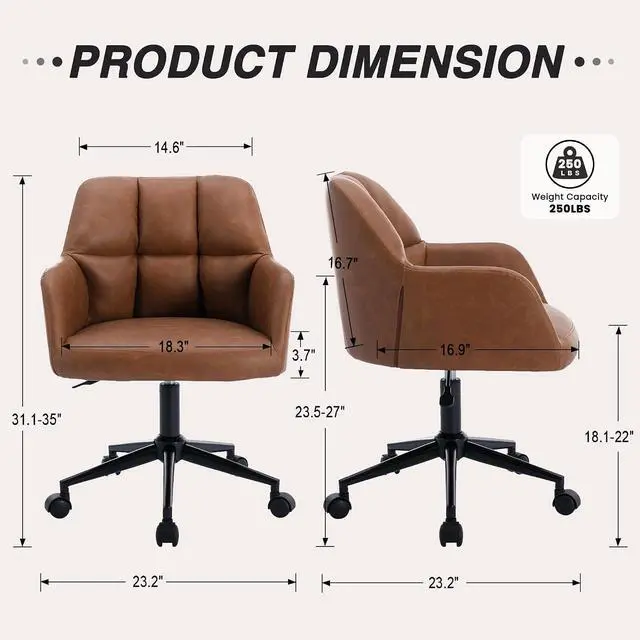 Alt view image 2 of 7 - HNY Modern PU Leather Office Desk Chair, Height Adjustable Comfy Swivel Vanity Make up Chair with Wheels for Living Room Home Office Computer, Brown