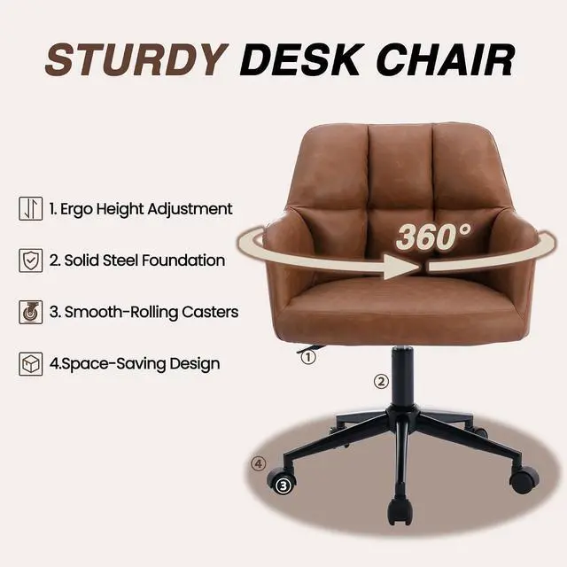 Alt view image 6 of 7 - HNY Modern PU Leather Office Desk Chair, Height Adjustable Comfy Swivel Vanity Make up Chair with Wheels for Living Room Home Office Computer, Brown