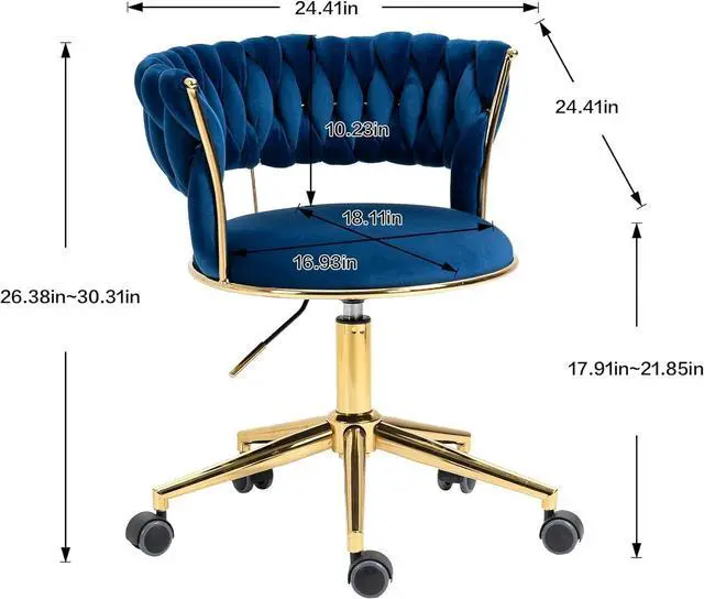 Alt view image 2 of 7 - NIOIIKIT Velvet Office Desk Chair with Hand Woven Backrest, 360° Swivel & Height Adjustable Task Chairs, Makeup Chair, Living Room Chairs with Stainless Base and 5 Wheels (Navy)