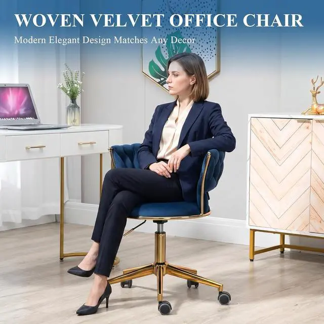 Alt view image 3 of 7 - NIOIIKIT Velvet Office Desk Chair with Hand Woven Backrest, 360° Swivel & Height Adjustable Task Chairs, Makeup Chair, Living Room Chairs with Stainless Base and 5 Wheels (Navy)